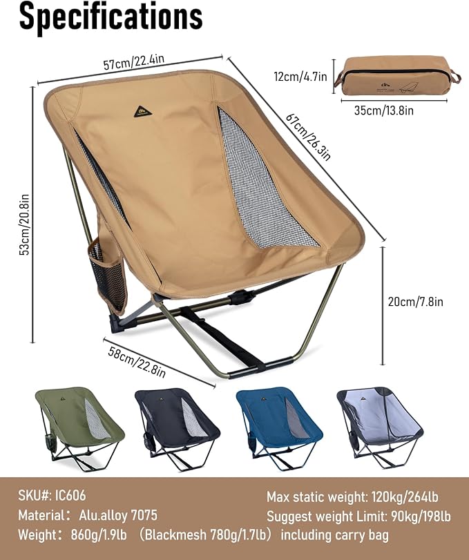 iClimb Low Ultralight Compact Camping Folding Chair with Side Pocket and Carry Bag (Khaki)