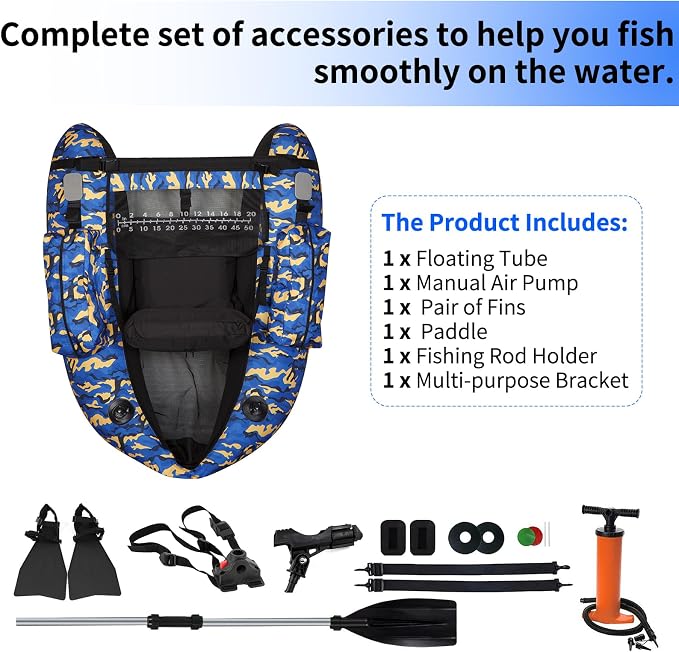 Inflatable Float Tube, with Paddles, Fish Ruler, Air Pump, Adjustable Shoulder Straps, Weight Capacity of 286 pounds, Suitable for Adults Fishing in Rivers and Lakes