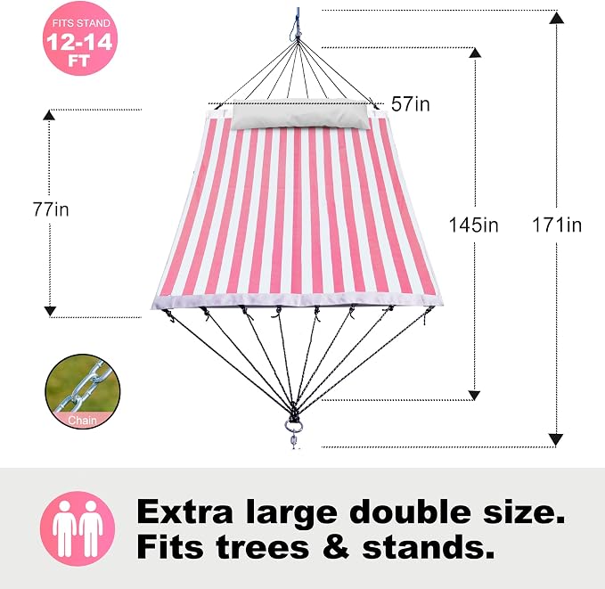 GAFETE 14ft 2 Person Hammock for Outside, Quick Dry Textilene, Portable Hammocks Without Stand with Folding Steel Spreader Bar, Carrying Bag, Tree Straps, Pillow & Sidebag, 550 lbs Capacity (Pink)