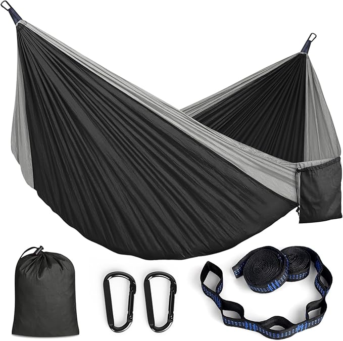 MOSFiATA Camping Hammock, Heavy Duty up to 700lbs with 2 Tree Straps and Attached Carry Bag Portable Hammock for Backpacking Hiking Durable Outdoors（Black Grey）