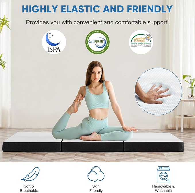 Folding Memory Foam Pads, 4" Tri-Fold Full Topper with Washable Cover, Non-Slip Portable Guest Floor Bed for Travel Camping