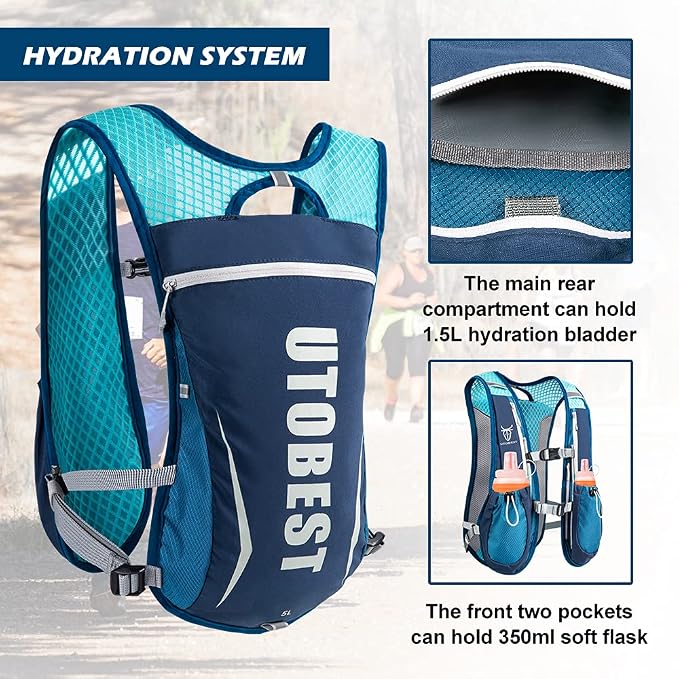UTOBEST Running Vest, 5L Hydration Vest Lightweight, Breathable and Sweatproof Running Backpack, Adjustable Running Hydration Vest for Trail Running Marathon Race Jogging Cycling