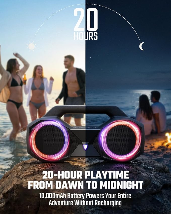 OZJ Bluetooth Speaker Outdoor Loud: 80W(Peak) with Bass, Portable Wireless Speaker with IPX7 Waterproof, 20H Playtime, RGB Lights, TWS for Outside, Beach, Work (Black)