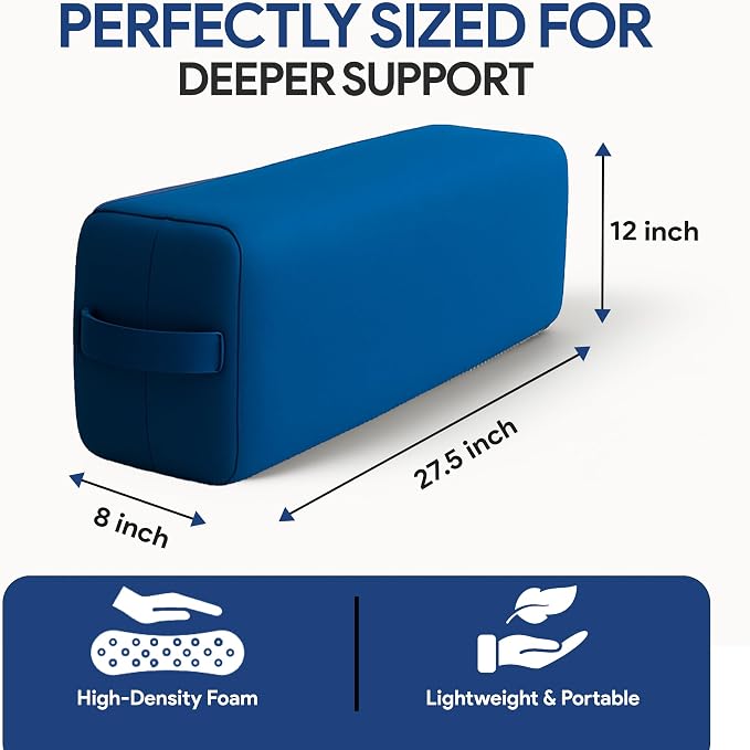 Rectangular Yoga Bolster Pillow for Meditation, Yoga & Back Support – Soft Meditation Cushion with Removable Hand Wash Cotton Cover & Carry Handle (Blue)
