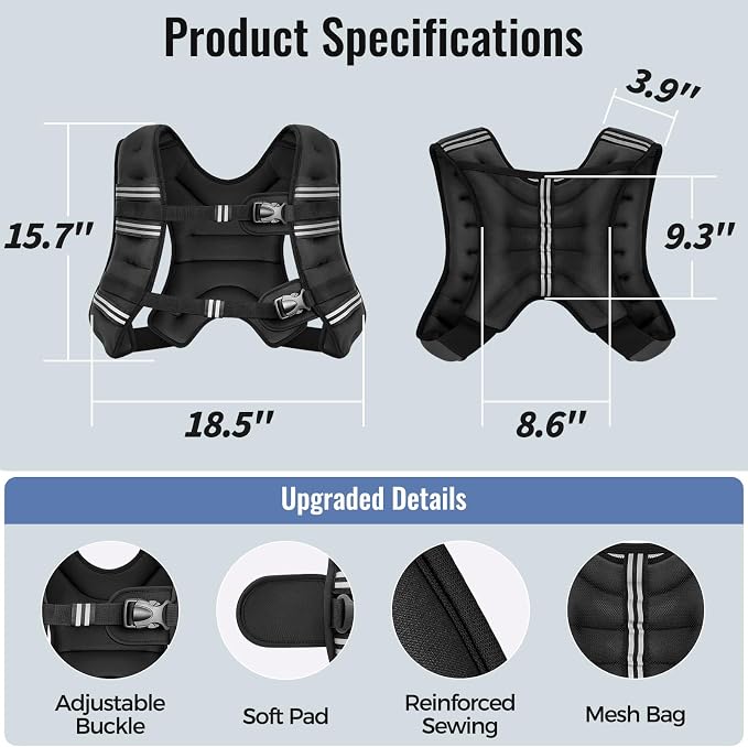 Zeerun Weighted Vest, 6lb/8lb/10lb/12lb/15lb/18lb/20lb/24lb/30lb for Men Women, Reflective Stripe Adjustable Buckle, Comfortable Durable Rucking Vest for Walking Running Strength Training