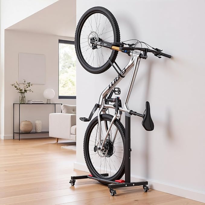 VEVOR Bike Stand 2 Pack, Freestanding Vertical & Horizontal Bike Storage Rack, with Lockable Casters, Height Adjustable Carbon Steel Upright Garage Bicycle Floor Stand, for 20-29 in Wheels, Black