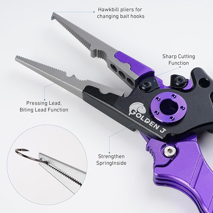 Golden J Fish Lip Gripper & Multi-Function Fishing Pliers Set - High-Strength Aluminum & Stainless Steel, Hook Remover, Split Ring Pliers, Line Cutter, Ideal for Ice, Surf, Lure Fishing