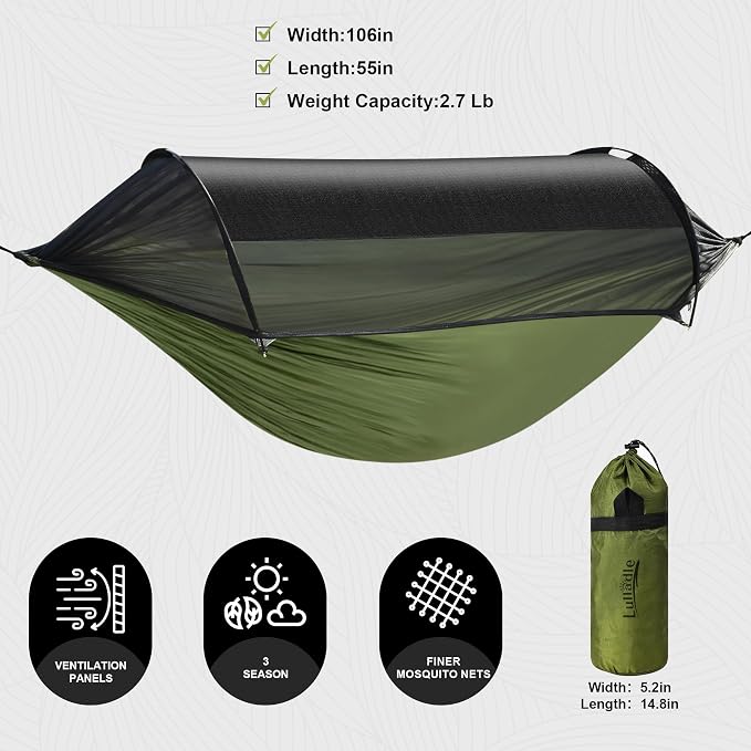 Lulladle Camping Hammock - (Double/Single) Hammock Portable with Tree Straps and with Mosquito Net，Nylon Hanging Hammock Easy Setup and Pack for Outdoor, Hiking and Backyard