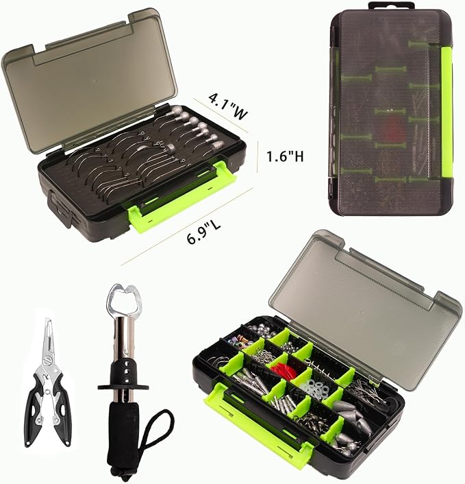 411-Piece Fishing Gear Accessories Kit, [2025 NEW] Tackle Box with Pliers, Fish Lip Grips,Tackle Storage Trays, Hooks, Weights, Jig Heads, Swivels, 21 Pre-Made Rigs – Fishing Gear for Lures Fishing