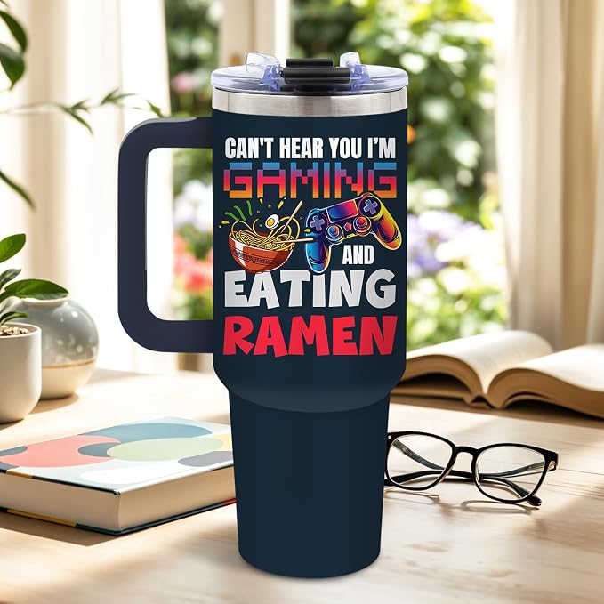 DUUV Gaming Tumbler 40oz, Insulated Gaming Gifts for Gamer | Dark Blue Gamer Tumbler Leakproof, Game Controller Gift for Man Boys, Can’t Hear You I’m Gaming and Eating Ramen, 1 Pack
