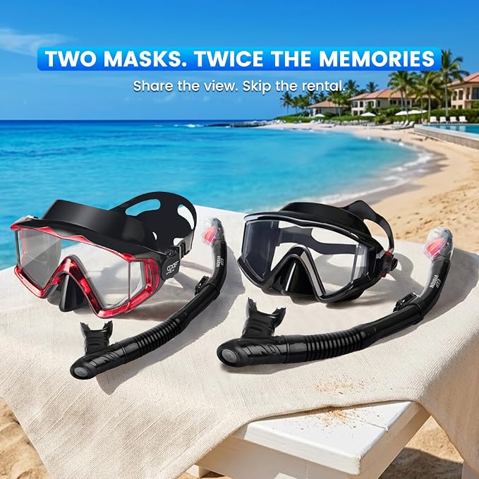 2 Pack Snorkel Mask for Adults - 180° Panoramic View, Anti-Fog Shatterproof PC Lens, Dry Snorkel Set for Diving, Swimming & Travel