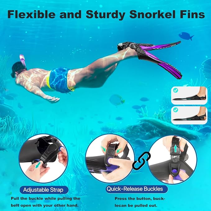 Snorkeling Gear for Adults,Mask Fins Snorkel Set,Panoramic View Diving Mask Anti-Fog,Dry Snorkel,Adjustable Swim Flippers and Travel Bag,Adults Snorkel Gear for Swimming Snorkeling Diving
