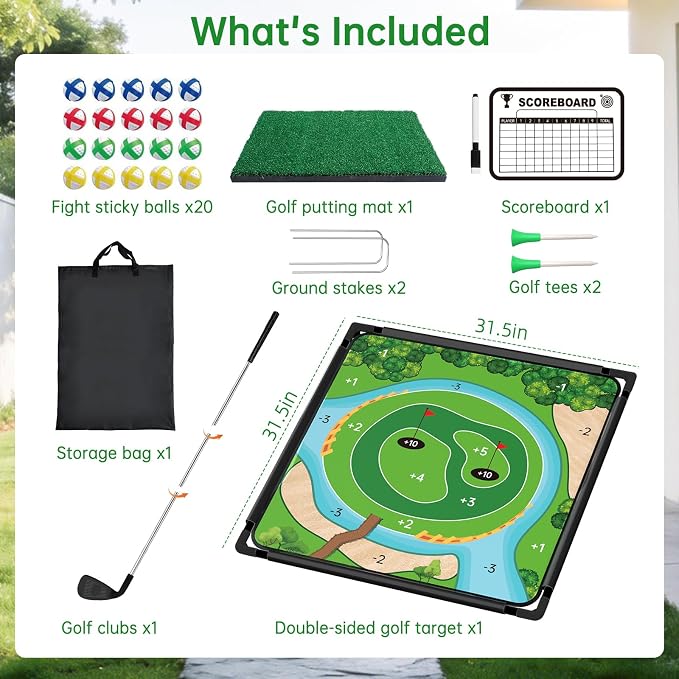 Dual-Sided Golf Chipping Game Set with Club - Sticky Golf Games Pro Battle Mat,Portable Practice Game,Golf Gifts for Dads and Junior Golfers - Indoor and Outdoor (1Pack)