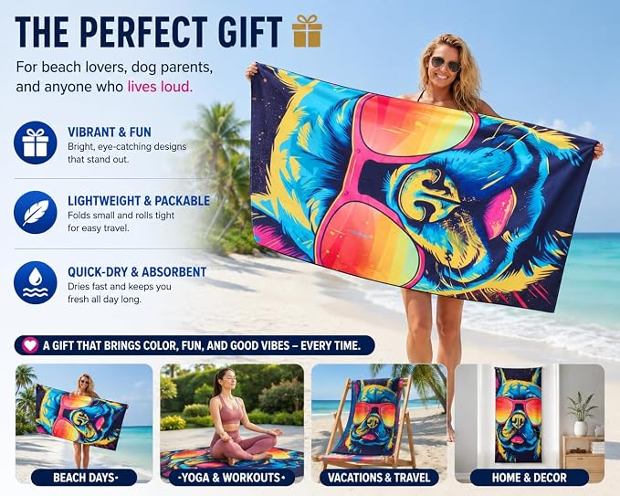Microfiber Happy French Bulldog in Sunglasses Colorful Beach Towel for Women, Girls, Kids, Men, Plush Beach Towel, Quick Dry Pool Towel Super Soft, Oversized 31x62 Inches