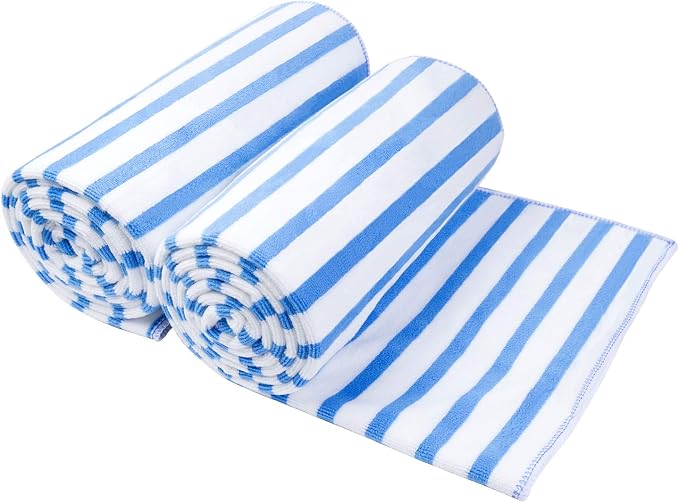 JML Microfiber Beach Towels Cabana Stripe, 2 Pack, 30" x 60", Quick Drying Bath Towel Set for Adult, Absorbent, Use for Travel, Sport, Swimming, Pool, Yoga, Camping, Micro Fiber StripeBlue