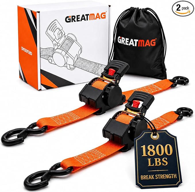 Auto Retractable Ratchet Straps 1800 lbs, 1in × 10ft Self-Retracting Tie Down Straps with Zinc S-Hooks, Heavy Duty Cargo Tie Downs for Trucks, Trailers & Roof Racks, 2 Pack, Orange, Damped Rewind