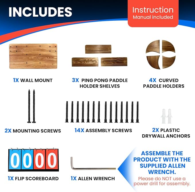 Ping Pong Paddle Holder Wall Mount Storage Rack - Table Tennis Racket Display Accessories Organizer - Holds 6 Paddles and 12 Balls - with Flip Scoreboard