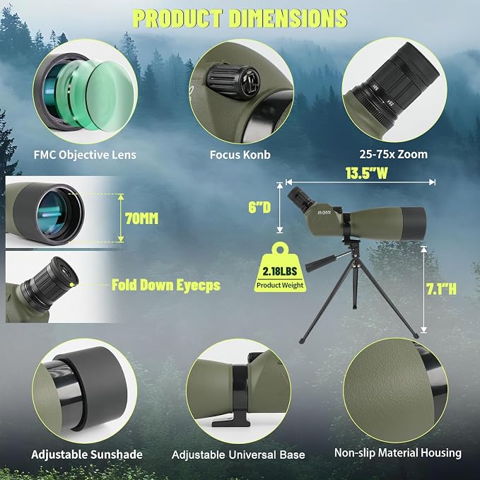 25-75x70 Spotting Scope with Tripod for Target Shooting, Bird Watching