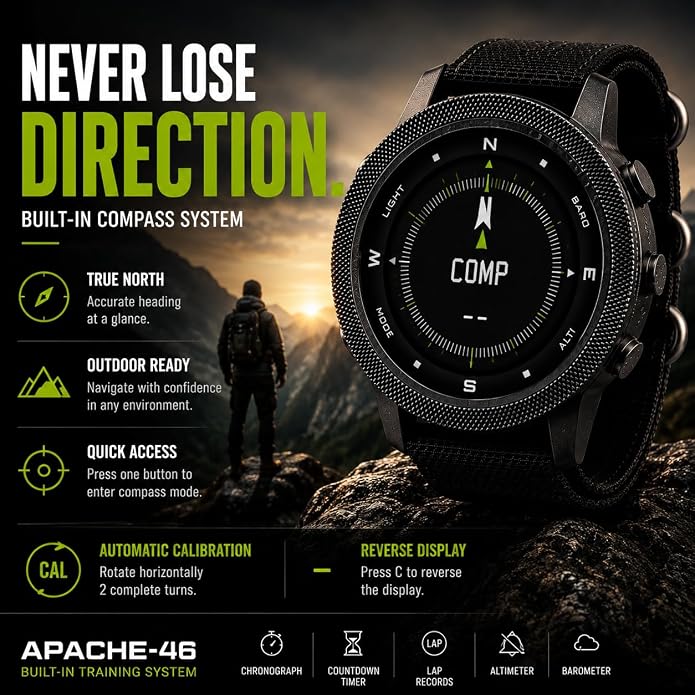 NORTH EDGE Apache Men’s Digital Tactical Watch, Outdoor Sports Watch with Compass, Altimeter, Barometer, Pedometer, Weather Trend, EL Backlight, 50M Water Resistant Hiking Watch