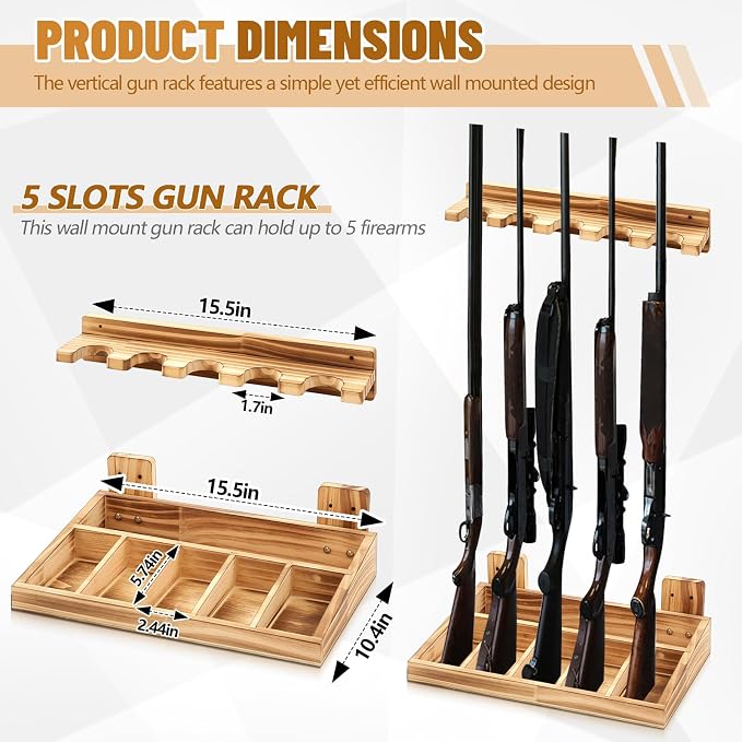 GlikCeil 1 Set Wooden Vertical Gun Rack Wall Mount Indoor Hold up to 5 Long Guns Shotguns Rifle Racks Display Holder Stand for Firearms Display Storage Home Accessories Office