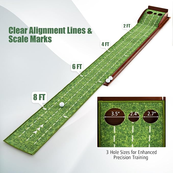 Tangkula 10 FT Golf Putting Green, 2/3-Hole Golf Putting Practice Mat with Auto Ball Return for Indoors & Outdoors, Alignment Guides & 3 Golf Balls, Mini Golf Game for Home and Office