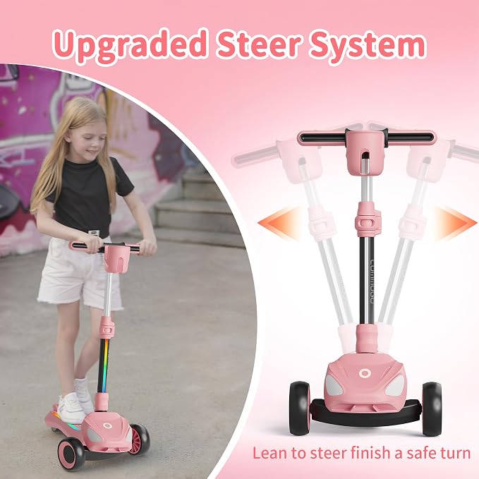 Electric Scooter for Kids with 3 LED Lighted Wheels, Adjustable Height & Lean-to-Steer, Anti-Slip Deck with Lights, Easy-Fold Mechanism, Balance Scooter for Kids,Toddlers