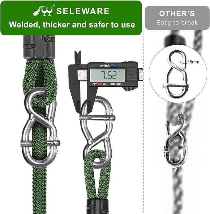 SELEWARE 6ft Adjustable Tree Swing Rope Hammock Straps Hanging Kit - Fast & Easy Install for Hammock Chair, Tire Swing - Indoor/Outdoor Playground Accessories - Green, 2 Pack