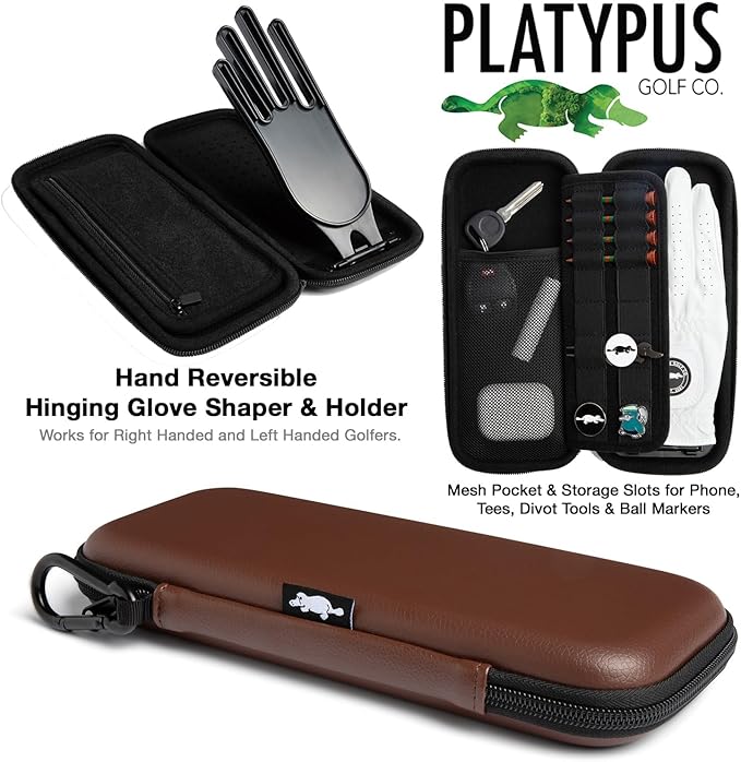 Platypus Golf Co. Golfing Caddie EVA Travel Case Organizer with Bamboo Tees & Ball Marker - Hand Reversible Hinging Glove Shaper & Holder, Mesh Pocket & Storage Slots, Golfers Cases for Men & Women