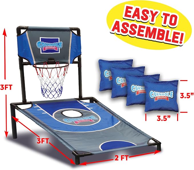 Sports Basketball Net Cornhole Board Set, Basketball & Cornhole in One, Includes 8 Red/Blue Bean Bags, Convenient Carrying Case, Tailgating Fun
