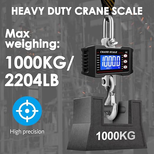 1000kg Heavy Duty Crane Scale, Digital Hanging Scale with Backlit LCD, Data Hold, Tare & Unit Switch, Auto Off, Aluminum Alloy Industrial Scale for Factory Construction Farm