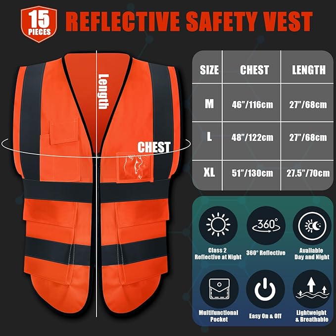 JaGely 15 Pack Reflective Safety Vests with Pockets and Zipper Construction Work High Visibility Vest for Men Women(Large,Orange Red)