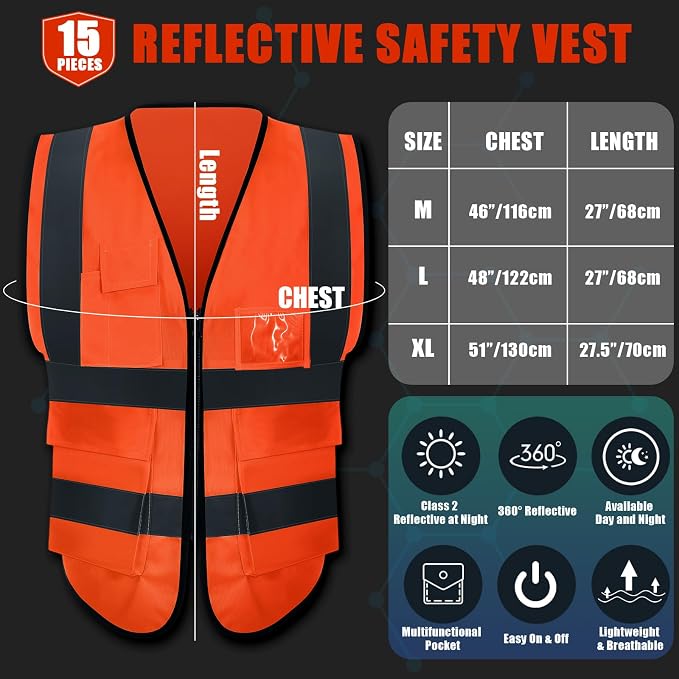 JaGely 15 Pack Reflective Safety Vests with Pockets and Zipper Construction Work High Visibility Vest for Men Women(Medium,Orange Red)