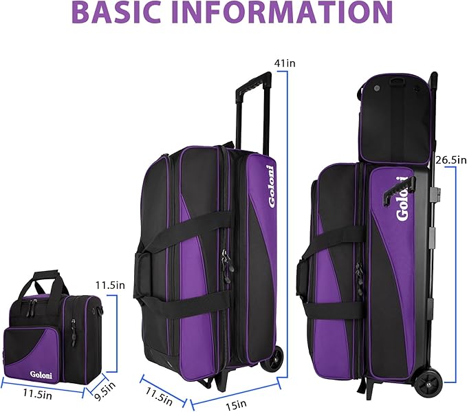 Goloni 3 Ball Bowling Bag with Wheels, Rolling Bowling Roller Bag with Retractable Handle for Balls & Bowling Accessories