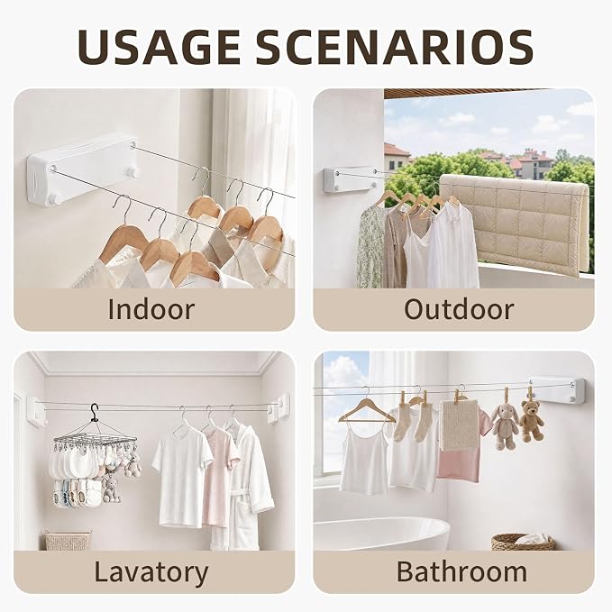 Anti-Sag Retractable Clothesline 40LB Capacity - 201in Stainless Steel Laundry Line for Indoor Outdoor, Wall Mounted Space Saving Easy Install (White, Double Lines)
