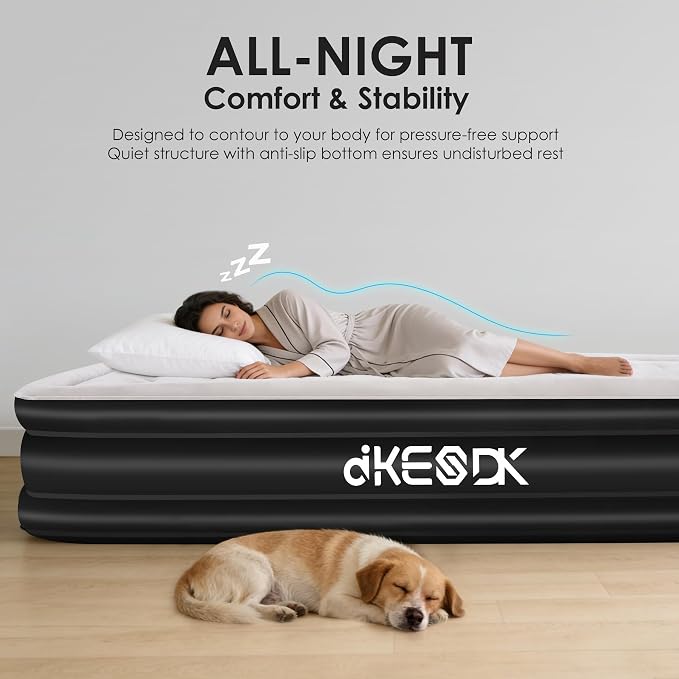 Air Mattress Queen with Built in Pump,Comfortable Waterproof Flocked Surface Inflatable Mattress for Temporary Family Stays and Travel,16-Inch Blow Up Mattress Inflates in 3 Minutes