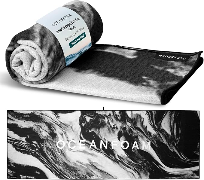 Oceanfoam Beach Towel – Lightweight, Absorbent, Quick-Drying, Sand-Resistant, Non-Slip – Ideal for Workouts, Yoga, Pilates, Beach, Pool, Boat & Travel – 25% Recycled – 72"x24" (Black Marbled)