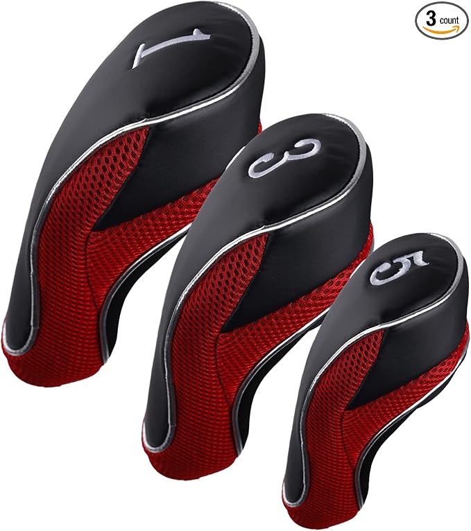 Andux Golf Wood Club Head Covers with Hook & Loop Set of 3 | for 460cc Driver Fairway Short Neck Faux Leather and Nylon-mesh Embroidery thread Number