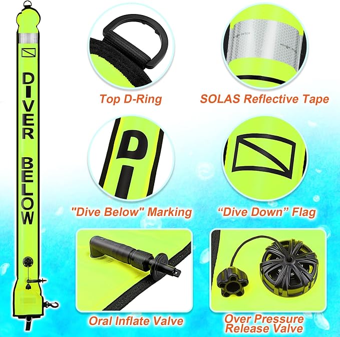 Surface Marker Buoy Scuba with Reel, 5ft High Visibility Diving Open Bottom Signal Tube Safety Sausage with Pouch Bag, 100ft ABS Dive Reel and Steel Double-Ended Bolt Snap (Hi-Vi Yellow)