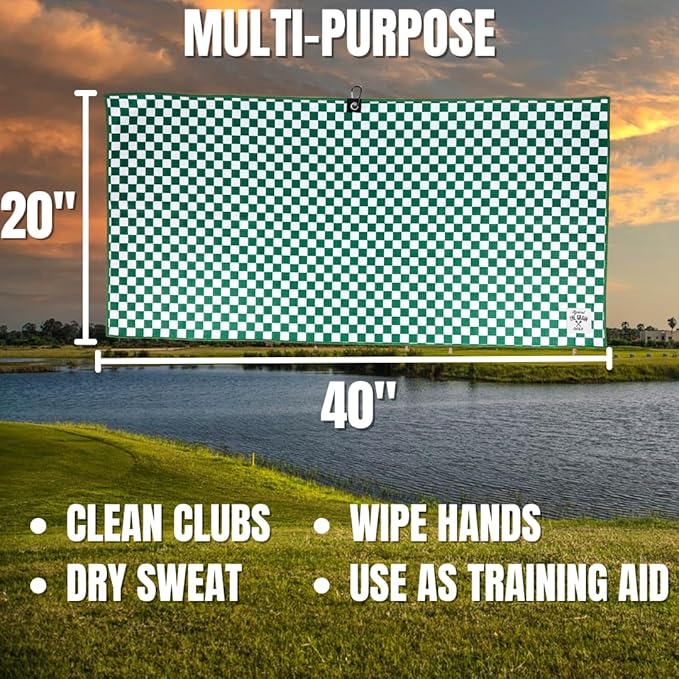 Against The Grain Microfiber Golf Towel with Clip - (20"x40") Green & White Checkered Design Golf Club Towel, Golf Towels for Golf Bags for Men & Women