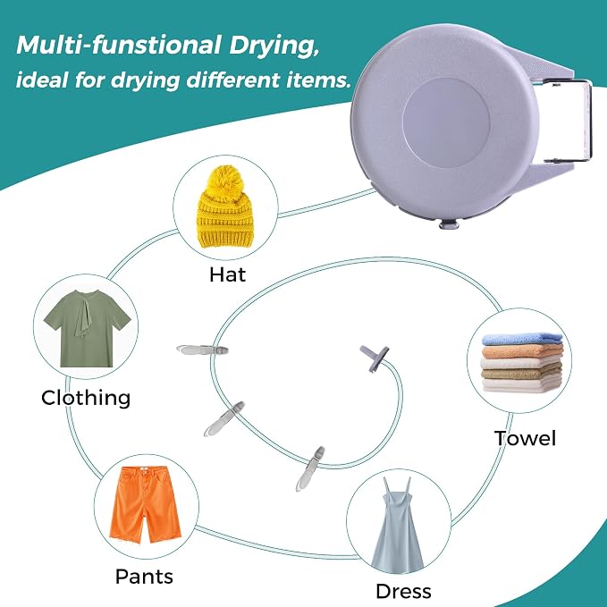 JS HANGER Retractable Clothesline Outdoor Indoor Laundry Line - 49 FT / 15M Single Lines Heavy Duty Wall Mounted Washing Line, Grey Portable Clothes Drying Line with 24pcs Free Pegs