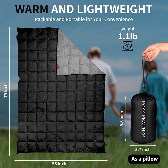 Down Camping Blanket - Lightweight, Packable, Warm & Puffy Outdoor Travel Quilt for Sleep, Hiking, Backpacking, Stadium, Festivals, Water-Resistant Sleeping Bag 55"x79"