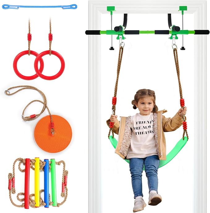 Doorway swing mount for Kids & Door Pull Up Bar for Adults, Indoor Kid Swing with 4 Accessories, Multi-Function Doorway Gym, Fits Door Frame 24.41-30.51'' W x 3.94-6.69'' Thickness (Green)