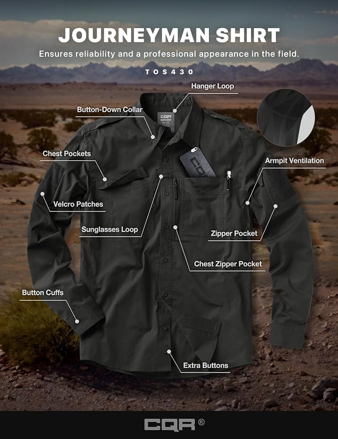 CQR Men's Long Sleeve Tactical Shirts, Ripstop Military Work Shirts, UPF 50+ Breathable Button Down Outdoor Hiking Shirt