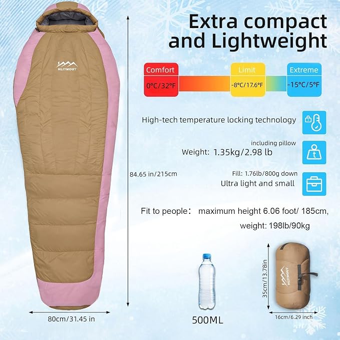 Down Sleeping Bag with Pillow, 0°F 20°F 32°F Regular and XL Compact Lightweight Sleeping Bag for Adults,Teens Backpacking,Camping and Hiking Outdoor