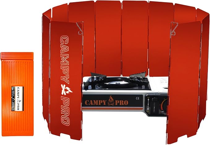 Red Camping Stove Windscreen, 12-Plates Premium Aluminum Wind Guard Shield, Foldable Portable Design with Storage Box, Heavy-Duty, Butane Burner Windshield for Outdoor Cooking