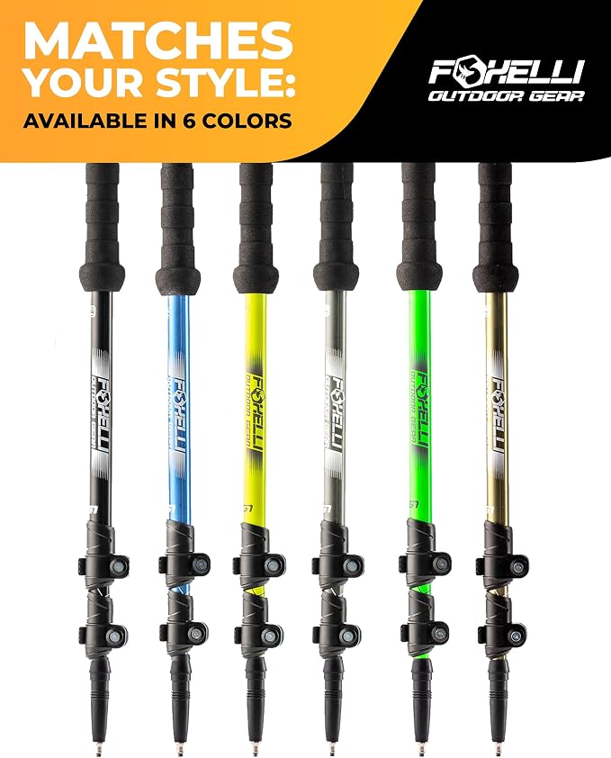 Foxelli Trekking Poles – Lightweight Collapsible Aircraft Grade Aluminum Hiking Poles with Cork Grips Quick Locks & All-Terrain Accessories – Pair of 2