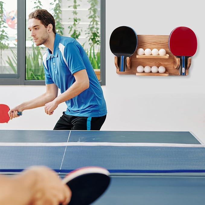 Ping Pong Paddle Storage Rack, Ping Pong Accessories Organizer Wall-Mount for 6 Paddles, 6 Pickleball Paddles and Balls, Pine Wood Table Tennis Racket Display for Game Room Bar Office Home