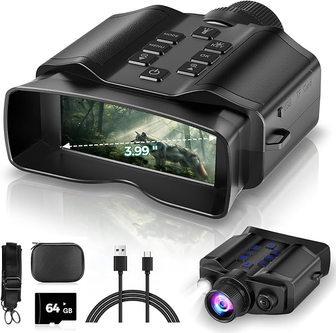 4K Night Vision Goggles for Adults, 3.99" HD Screen, 10000mAh Rechargeable Night Vision Binoculars with 64GB TF Card for Hunting Camping Surveillance