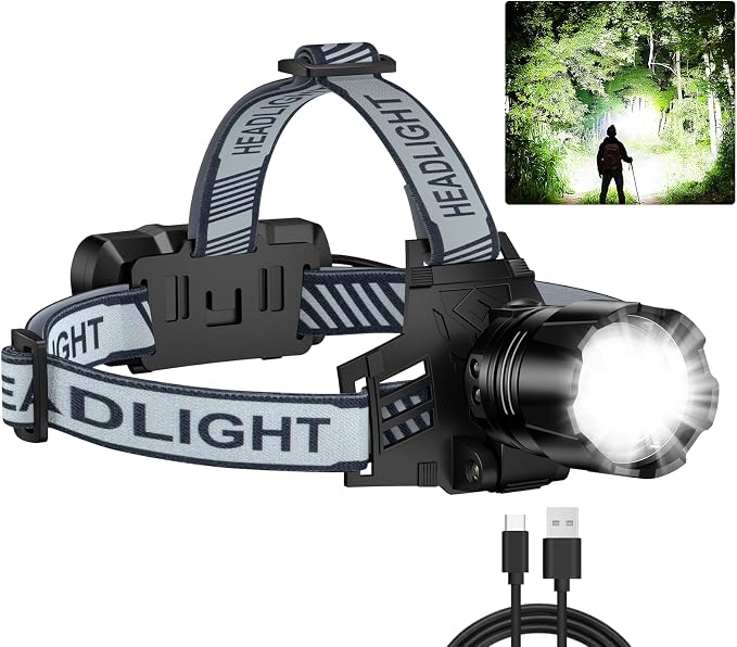 Headlamp Rechargeable, 99000 LM Super Bright LED Head Lamp with 3 Modes, 90° Adjustable Head Lights for Forehead, 20+Hrs Runtime & IPX6 Waterproof HeadLamps for Camping Running