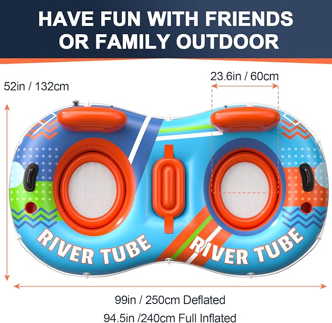 Inflatable River Tube Float, 2 Person Heavy Duty River Pool Floats Adults with 2 Cup Holders Premium Lake Water Tubes for Floating, Outdoor River Raft Sport Fun